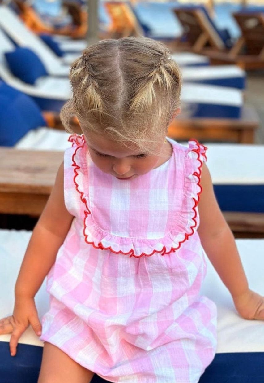 Piping Short Sleeve Pink Gingham Dress for Girls