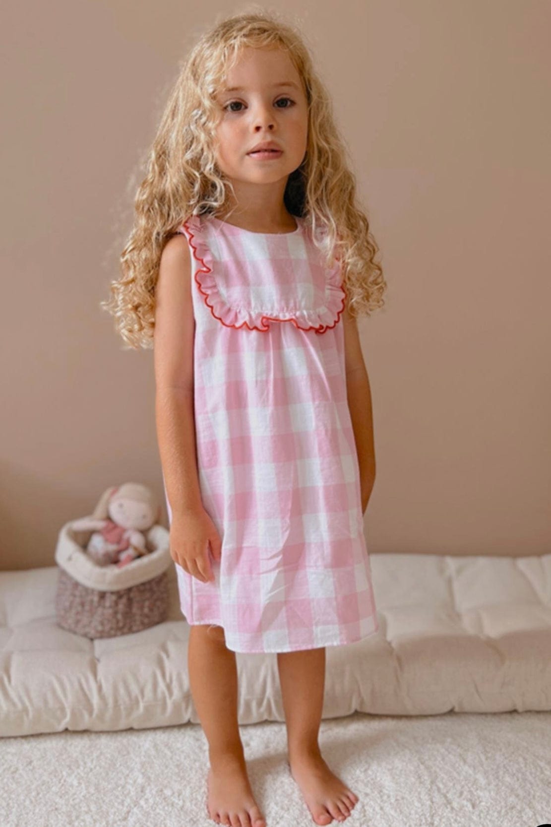 Piping Short Sleeve Pink Gingham Dress for Girls