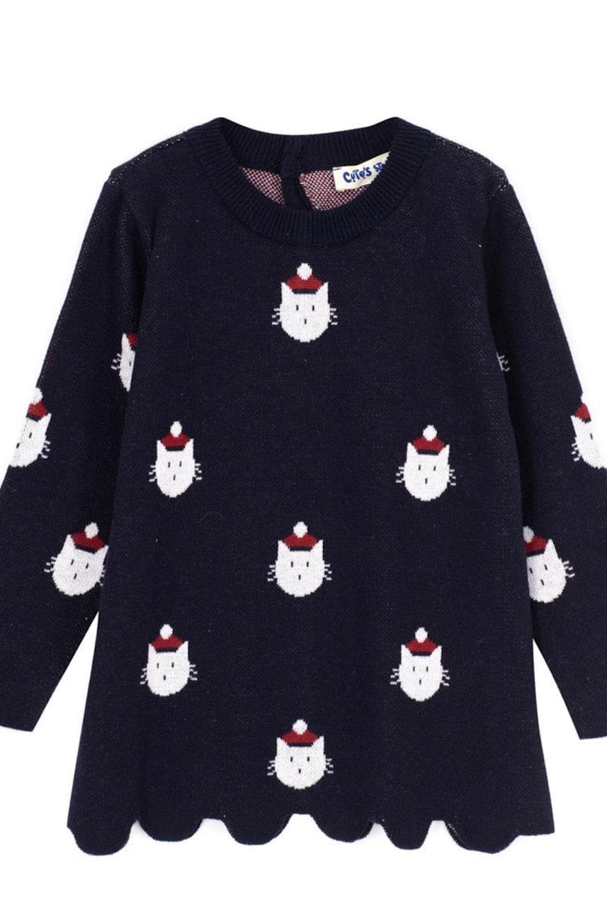 Long Sleeve Cat Navy Blue Knitwear Dress for Girls - Baby