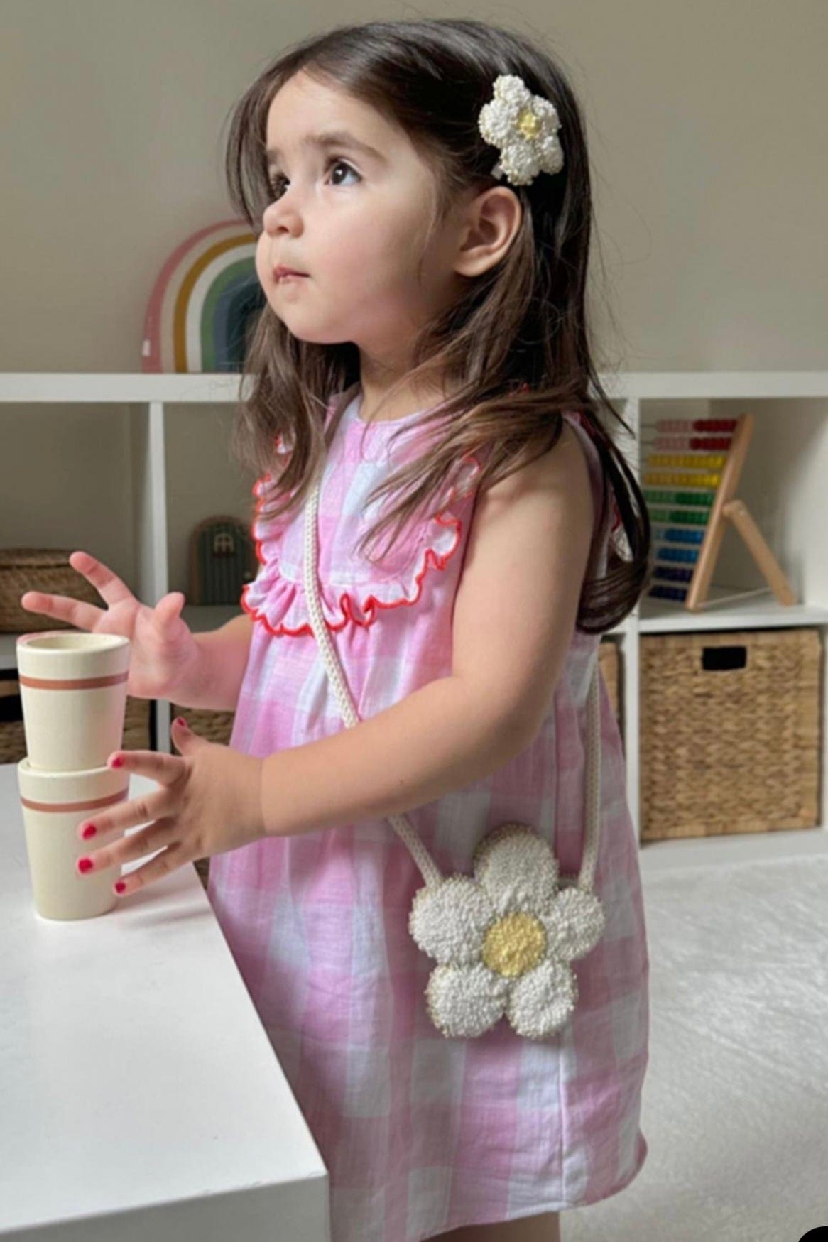 Robe vichy rose à manches courtes avec passepoil pour fille 