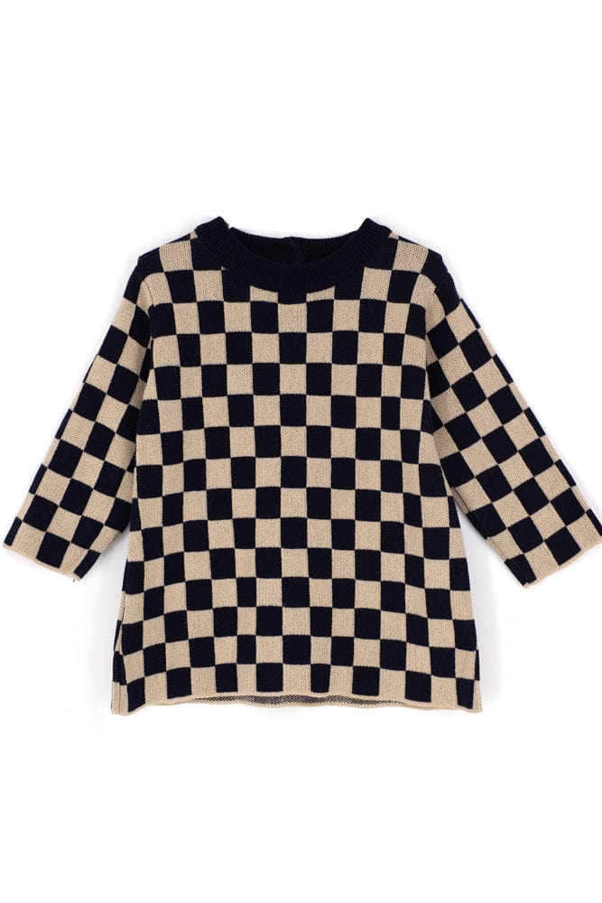 Long Sleeve Checkered Navy Blue Beige Knitwear Dress for Girls - Baby