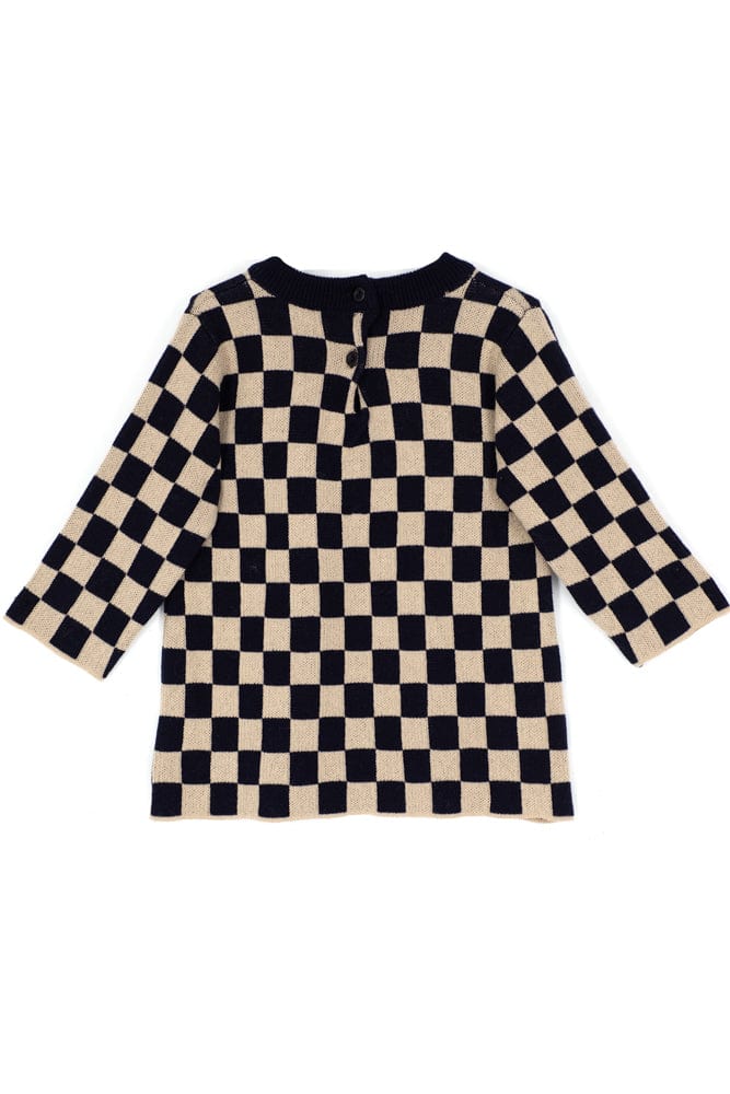 Long Sleeve Checkered Navy Blue Beige Knitwear Dress for Girls - Baby