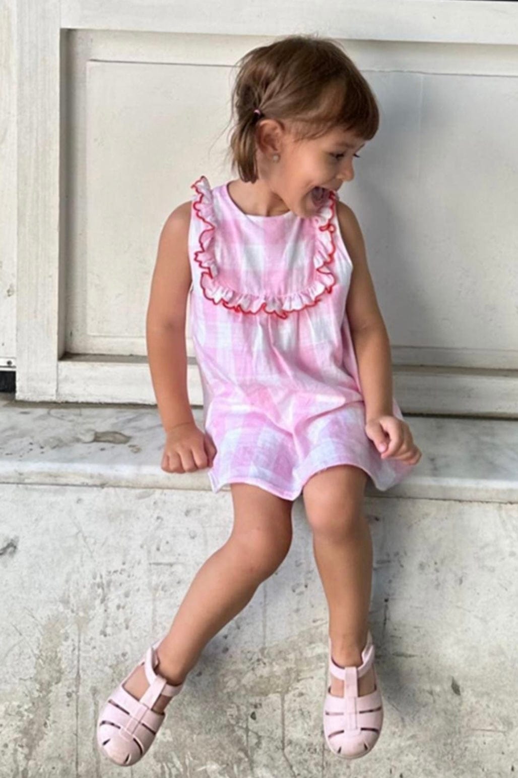 Piping Short Sleeve Pink Gingham Dress for Girls